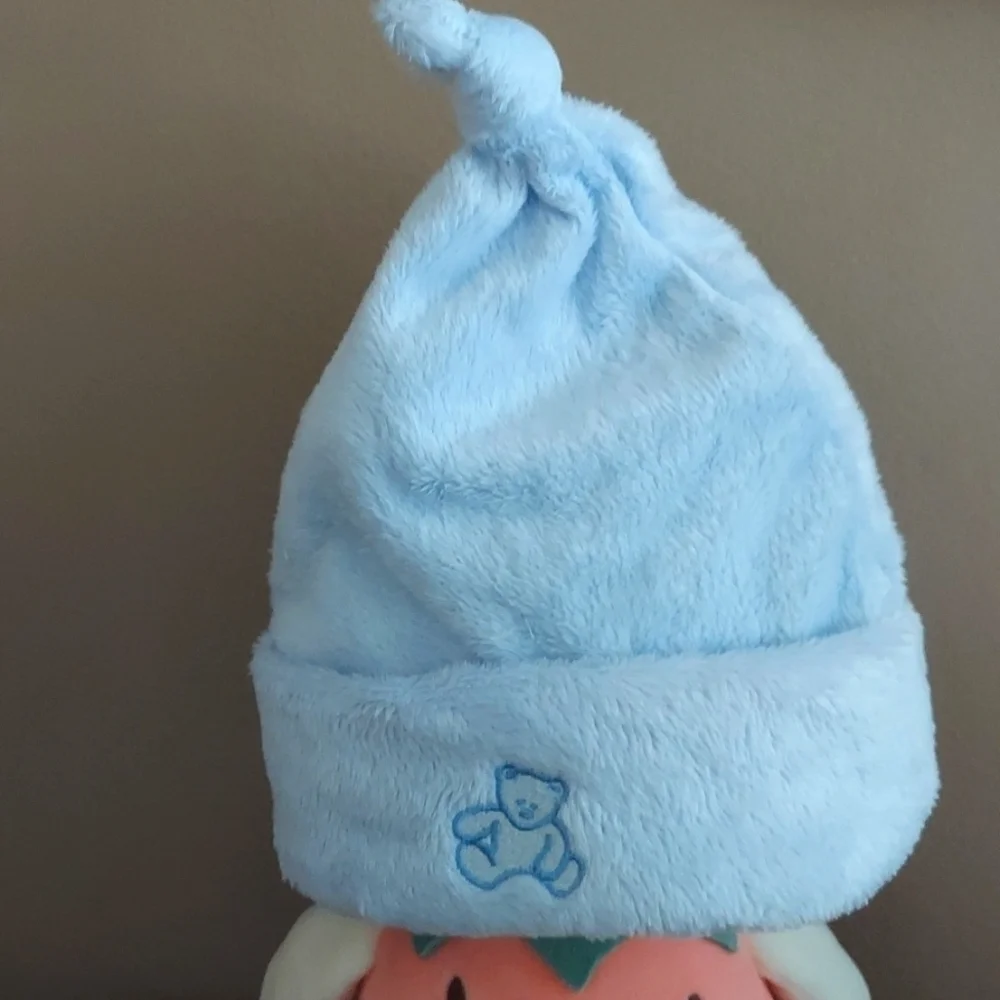 Fuzzy top knot beanie cap blue bear - new born